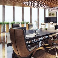 Representaive Contemporary Meeting Area in Wood Design With Plants and Displays (Detail) - 3D Visualization