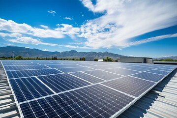 View of rooftop solar panel installation. Energy storage. Sustainable economy. Generative AI