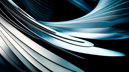 Abstract wing-like structure background with blue and white curved lines.