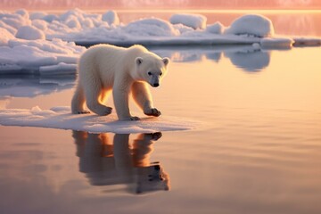 Curious polar bear cub exploring frozen Arctic landscape with icebergs. Generative AI