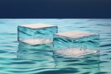 Two transparent podiums on water with waves. Nature background for product presentation. Flat lay cosmetic mockup, copy space. Generative AI