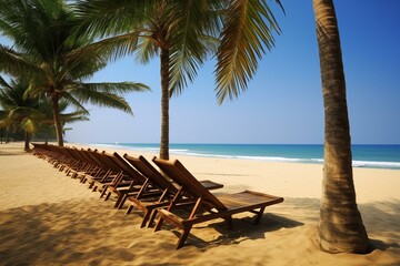 Beach loungers, tropical sandy coast, palm trees, blue sea. Generative AI