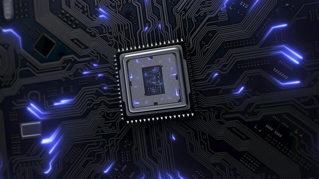 Digital pulses and signals propagate from the microprocessor to the system board. Computer CPU with connecting neon signals. Motherboard and microchip close up. Technology cpu background. 4k footage