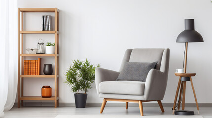 Wooden shelf unit and gray armchair.