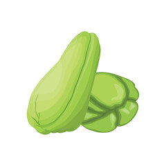 Vector illustration of close-up of whole green chayote on a white background in flat style design. Nutritious exotic vegetable green squash.  Illustration of a fresh food healthy product agriculture