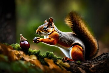 In a woodland, a charming squirrel is holding an acorn.