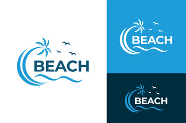 Vector Illustration Beach Logo Design Template Coconut Tree Wave Beach Bird