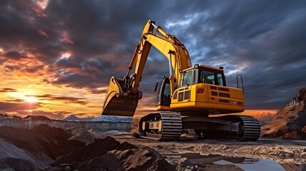 A large construction excavator of yellow color on the construction site in a quarry for quarrying. Industrial image. - obrazy, fototapety, plakaty