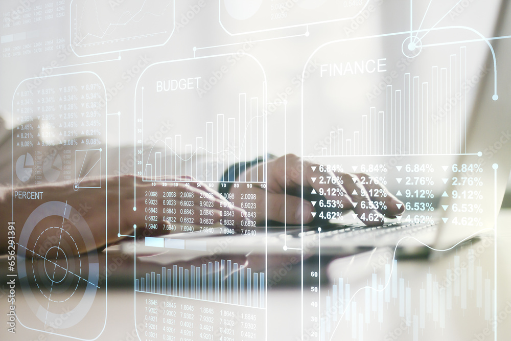 Poster Double exposure of abstract creative statistics data hologram with hands typing on laptop on background, statistics and analytics concept