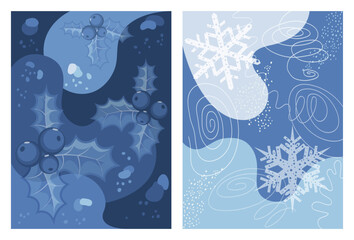 A set of two simple abstract backgrounds in blue tones on the theme of the winter holidays. Design elements for cards, covers, posters, flyers, showcases, seasonal decor