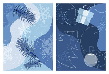 A set of two simple Christmas abstract backgrounds in blue tones. Design elements for cards, covers, posters, flyers, showcases, seasonal decor