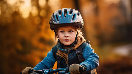 A child boy in bicycle helmet riding a bicycle for the first time.generative ai