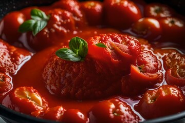 On the stove, tomato sauce is boiling and bubbling. 