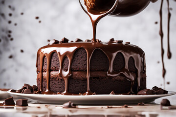Pouring chocolate over the cake