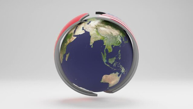 Loop 3d animation of planet Earth and rotating arrows with flags of the USA and China. The idea of fighting for world domination and economic influence. The confrontation between East and West