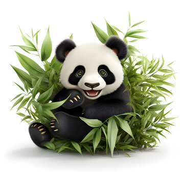Cartoon 3d panda in bamboo jungle isolated on white 