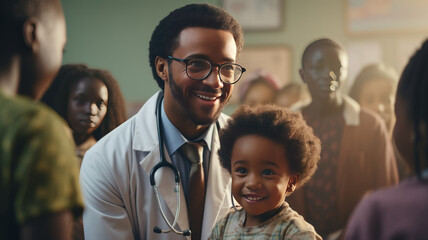 African male pediatrician holds stethoscope examination of children.generative ai - obrazy, fototapety, plakaty