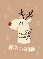 Christmas card with Christmas deer and Christmas trees. Retro Christmas card. Merry Christmas Greeting card.