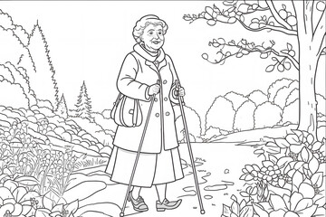Grandma is doing Nordic walking in the park. A black and white illustration.