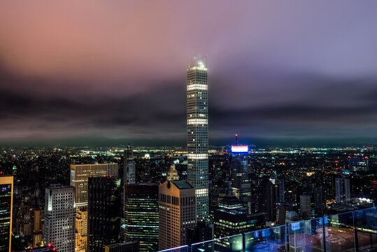 Night View from Top of the Rock (30 Rockefeller Plaza) to 432 Park Avenue and Buildings in Midtown Manhattan - New York City