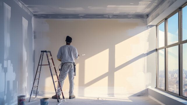 Asian painter male worker paints a wall with a paint roller Repainting the walls inside the house,generative ai