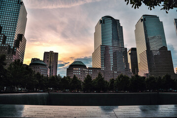 Sunset by the Pools of the National September 11 Memorial  Museum - Manhattan, New York City - obrazy, fototapety, plakaty