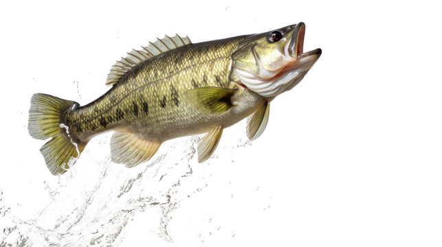 Fresh largemouth bass jumping out of water isolated on transparent background. Png file