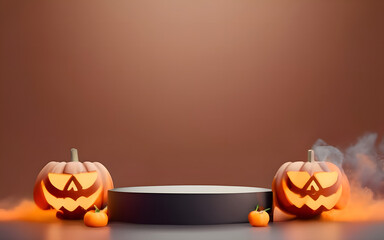 Halloween minimal scene 3d with smoke and podium platform. Halloween background vector 3d rendering with pumpkin podium. stand to show products. Happy halloween concept.