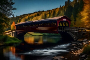 Overlooking a peaceful river is a charming covered bridge.