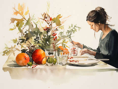 A Minimal Watercolor of a Friend Sketching a Still Life of the Festive Table