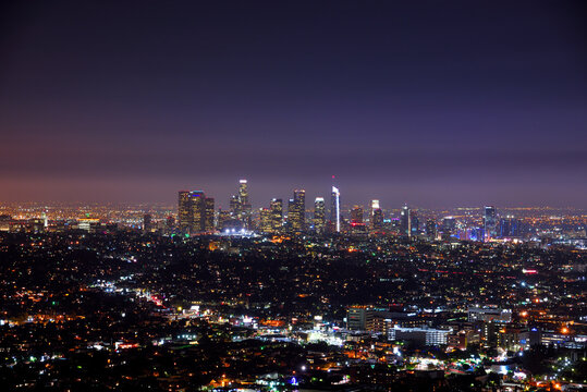 Night View of Los Angeles Skyline seen from Griffith Observatory - California