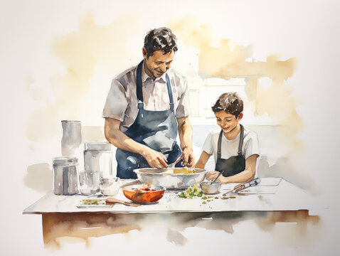 A Minimal Watercolor of a Friend Teaching Others How to Make a Traditional Family Dish