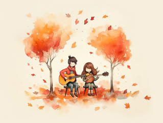 A Minimal Watercolor of a Group Singing Along to Their Favorite Autumn Songs