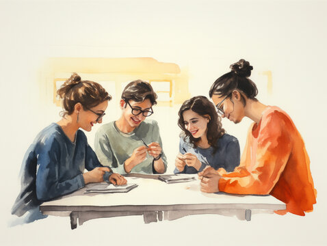 A Minimal Watercolor of a Group of Friends Writing and Performing a Skit