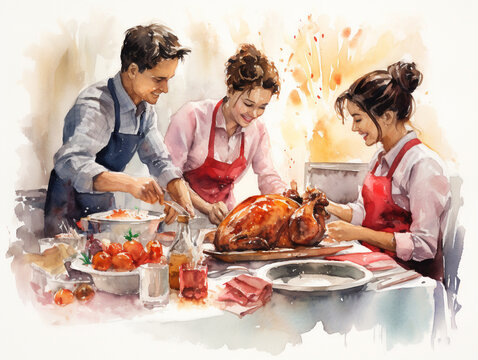 A Minimal Watercolor of Friends Carving a Turkey Together in a Festive Kitchen