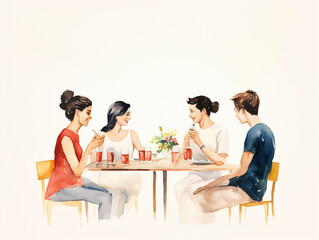 A Minimal Watercolor of Friends Having a Mocktail Making Competition