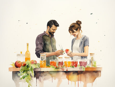A Minimal Watercolor of Friends Setting Up a DIY Apple Cider Bar