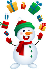 The Christmas snowman juggles with gifts. illustrations of happy snowman 