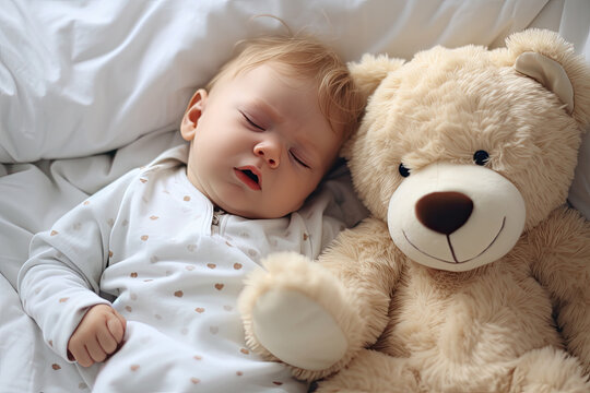 Newborn baby sleeping in a crib with a teddy bear