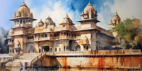watercolor painting India See buildings and places as landmarks,generative ai - obrazy, fototapety, plakaty
