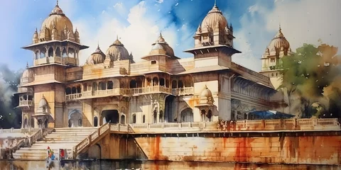 Fototapeten watercolor painting India See buildings and places as landmarks,generative ai © Krisana