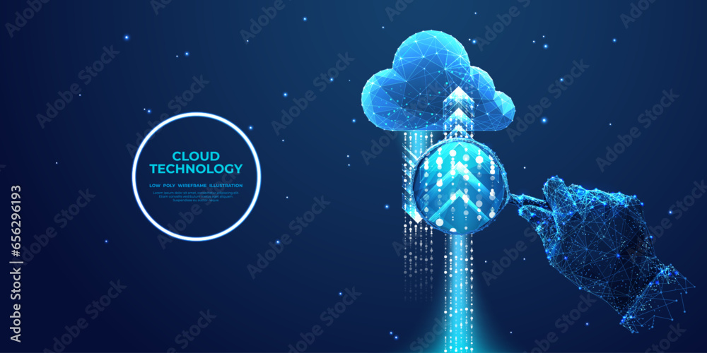 Aufkleber Abstract hand with magnifying glass and digital cloud, arrows up and down. Data analysis concept. Cloud computing technology. Low poly wireframe vector illustration in futuristic hologram blue style.