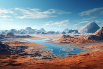 Fototapeta na wymiar A panoramic view of a vast, terraformed Martian landscape, with flowing rivers and a blue sky, reminiscent of Earth.