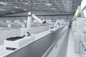 Automation industry concept with robot assembly line in  factory - obrazy, fototapety, plakaty