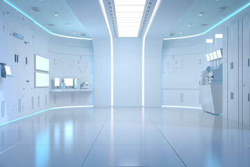 White futuristic hospital laboratory interior with medical supplies