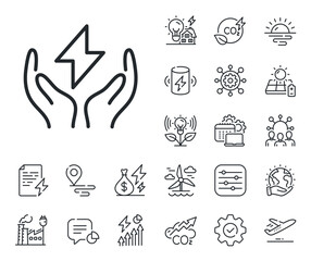 Thunderbolt sign. Energy, Co2 exhaust and solar panel outline icons. Safe energy line icon. Electric power symbol. Safe energy line sign. Eco electric or wind power icon. Green planet. Vector