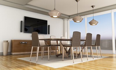 Dining table and chairs in the room. 3D illustration
