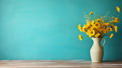 Wooden table with yellow vase with bouquet of field flowers near empty, blank turquoise wall. Home...