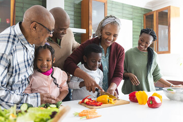 Happy african american multi generation family chopping vegetables in kitchen, slow motion