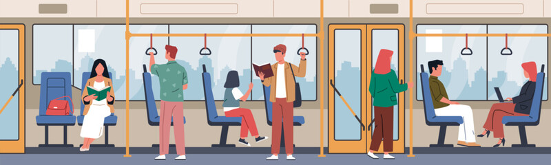 Bus passengers. People travel by public transport, men and women sit and stand. Citizens holding on to handrails, read books. City auto cartoon flat style isolated nowaday vector concept © YummyBuum